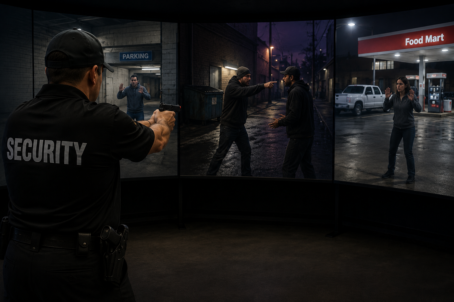 Armed security officer training on a mobile judgmental use of force simulator with multi-screen scenario display